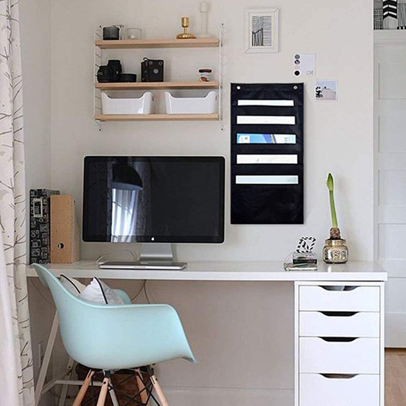 Pimuza Set of 2 Hanging File Holder Organizer Rack, 5 Pocket File Folders, Wall Mount, Tier Racks Hang Bedroom Desk Expanding Fabric File, Board Business Card, Bathroom Hair Tool, Home Decor Shelf Black - Image 4